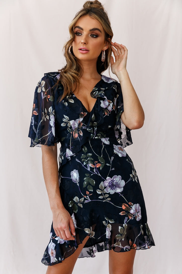 June Angel Sleeve Ruffle Detail Dress Navy