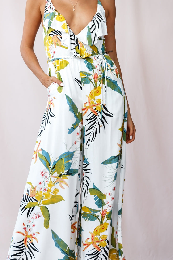 Melita Ruffle V-Neckline Jumpsuit Tropical Print White