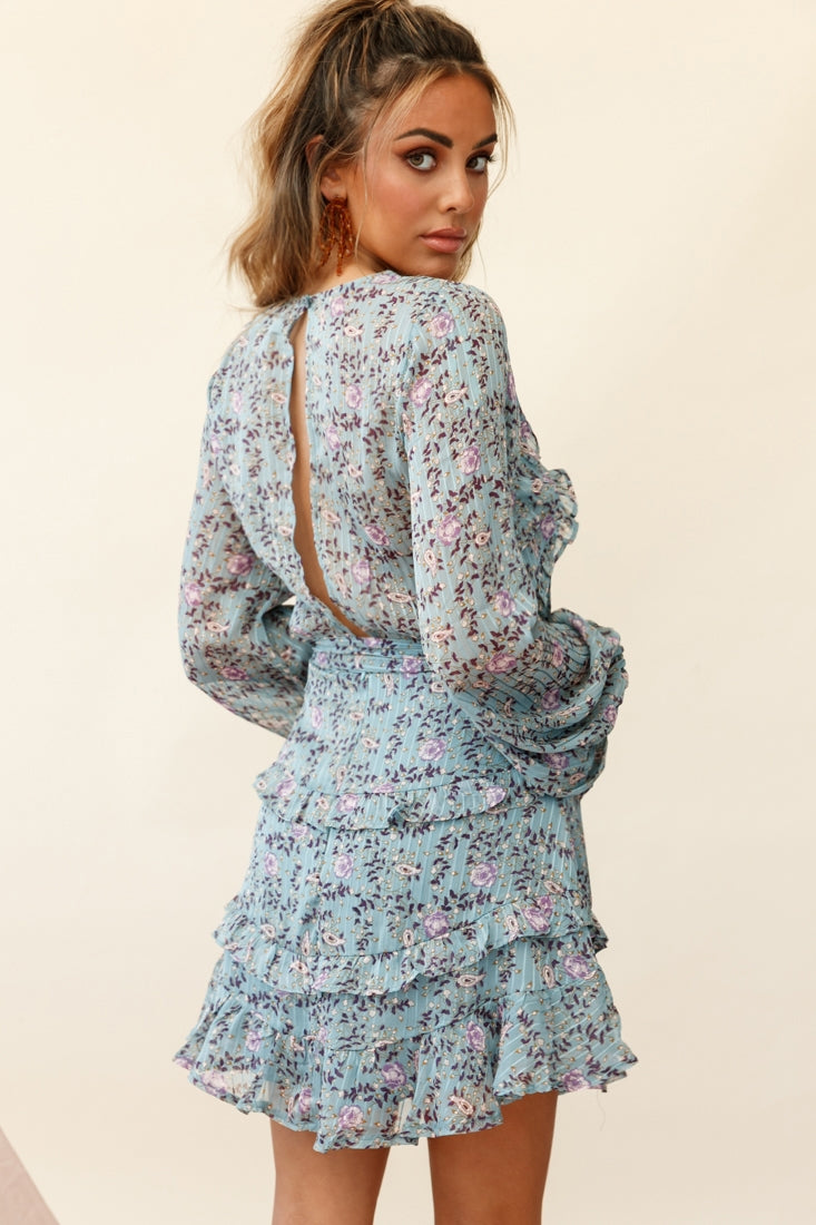 Dusk Long Sleeve Waist Tie Frill Dress Floral Print Midnight Blue
