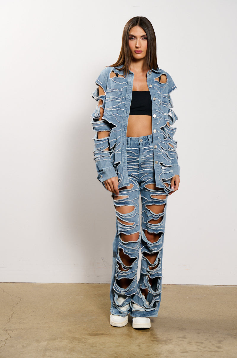 STRIPPED DOWN BUTTON DOWN DENIM SHIRT