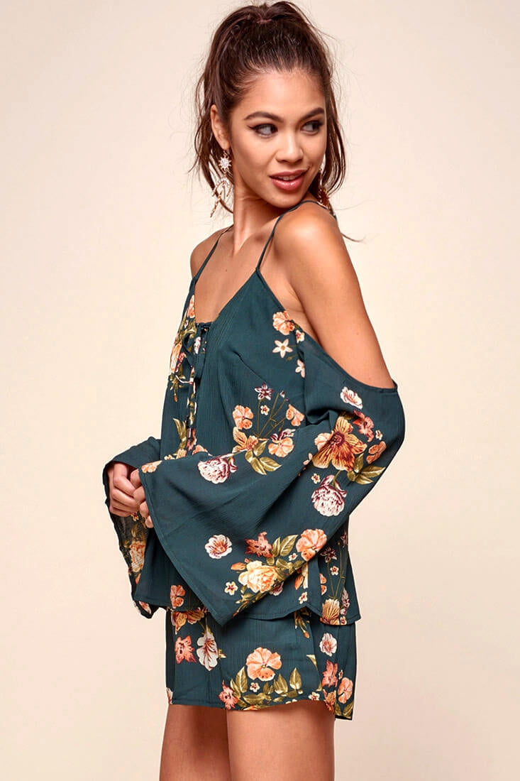 Ashanti Off the Shoulder Layered Floral Romper Khaki