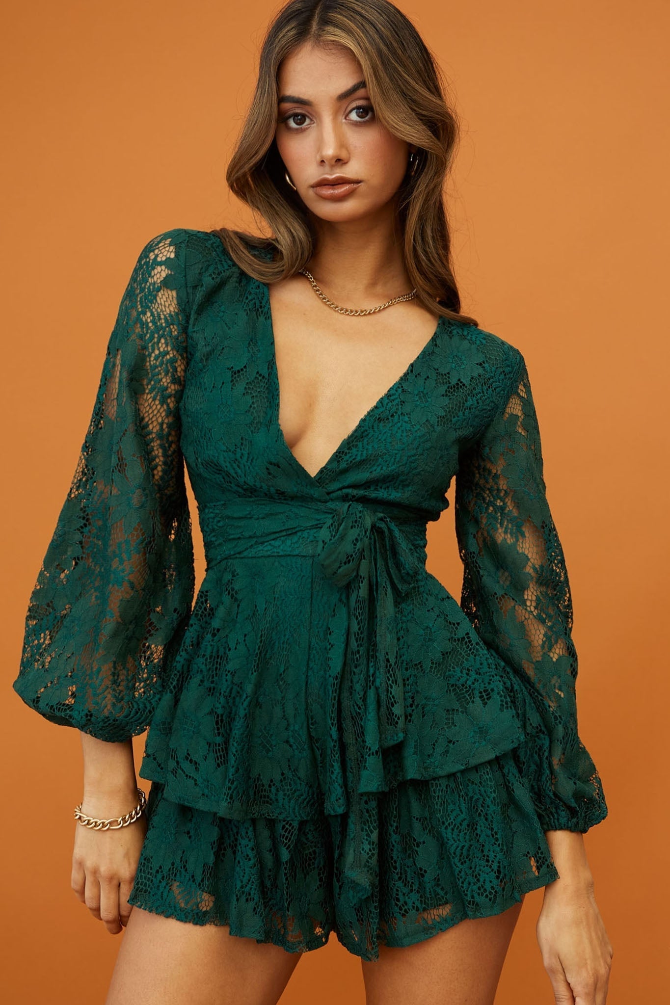 Maddox Fit & Flare Long Sleeve Romper Floral Lace Forest Green