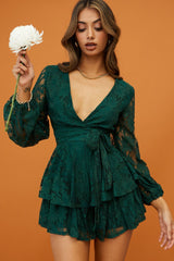 Maddox Fit & Flare Long Sleeve Romper Floral Lace Forest Green