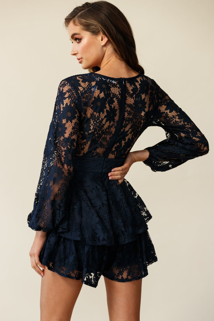 Maddox Fit & Flare Long Sleeve Romper Floral Lace Navy
