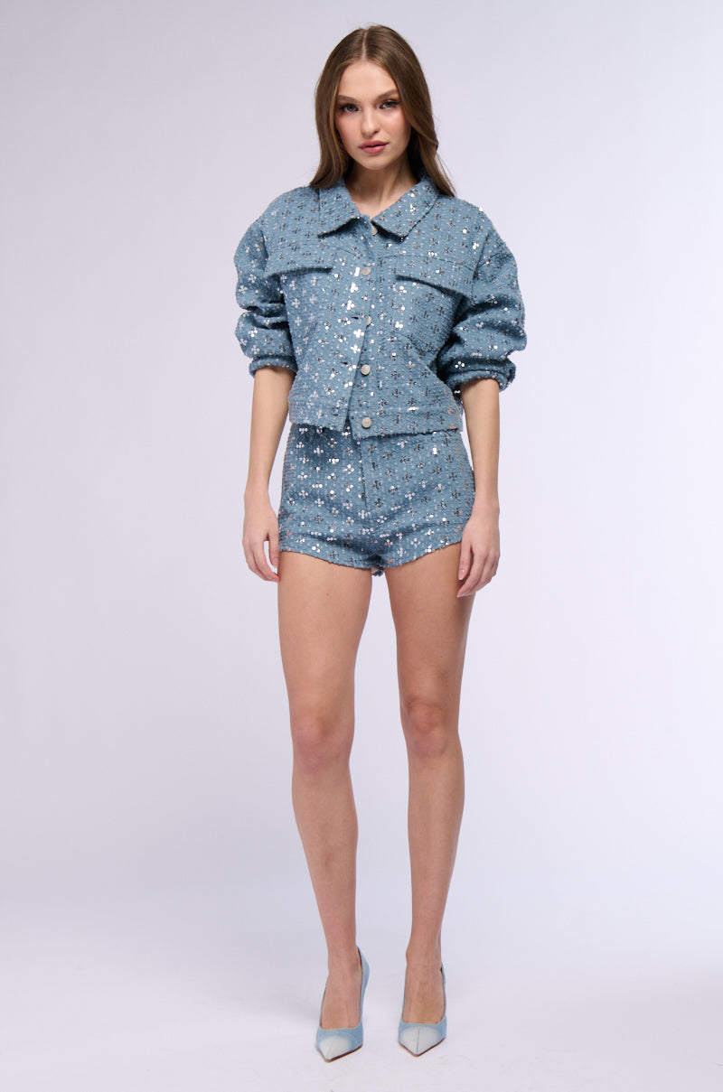 TEXTURED SEQUIN DENIM CROP JACKET